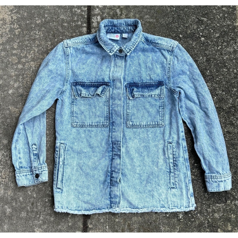 Colorful Planet Denim Jacket Teen button down raw hem tagged 12 Large